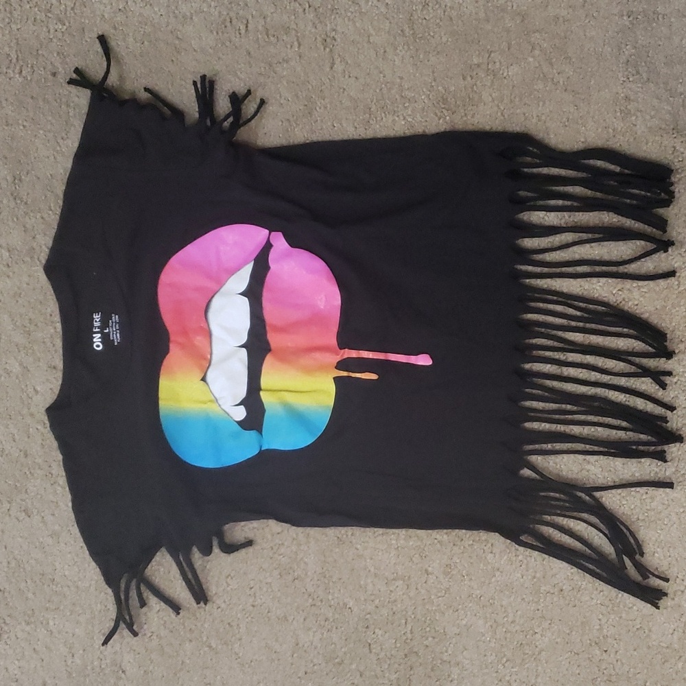 On Fire- Rainbow mouth, fringed black top, size L
